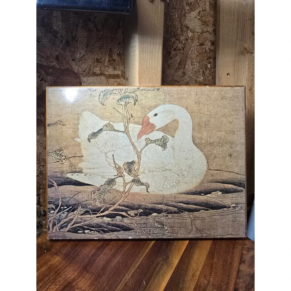Vintage Goose Wall Art Wood Plaque Asian Style Bird Illustration Farmhouse Decor